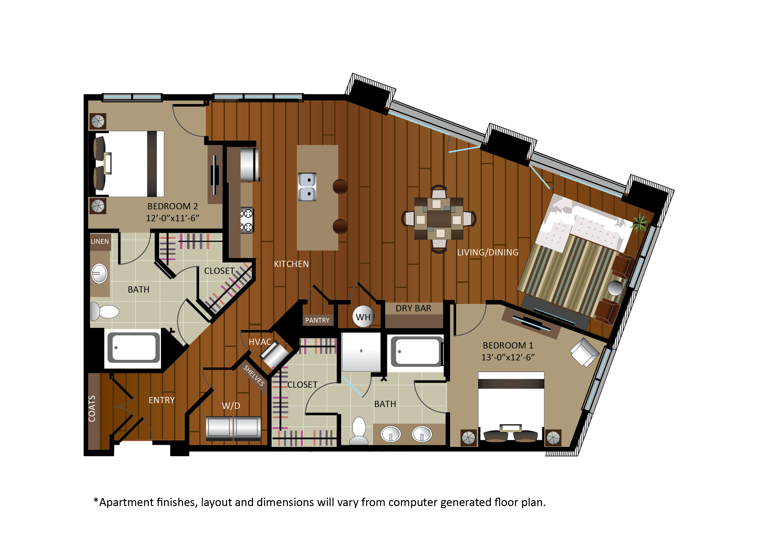 Floor plan for 2 beds, 2 baths, 1403 sqft